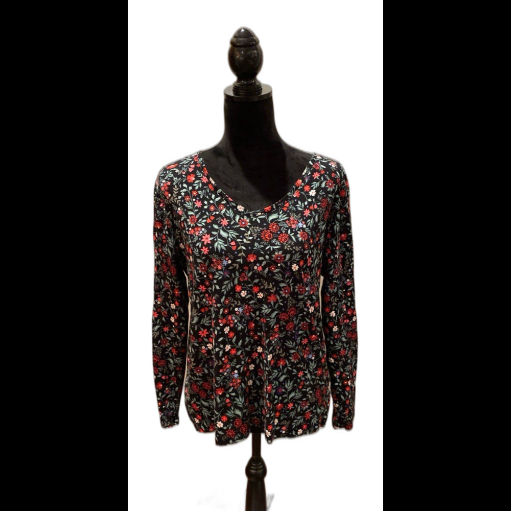 Croft & Barrow Blouse Size Large Top 100% Cotton V‎ Neck Floral + Stretch Casual